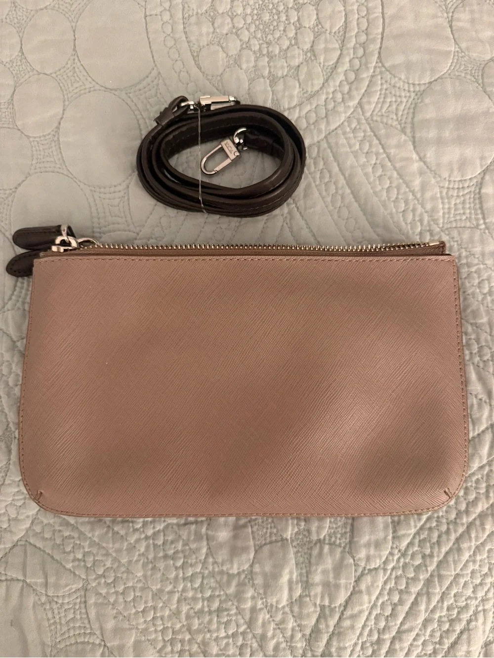 Tumi Taupe Saffiano Leather Wristlet Clutch with Removable Strap